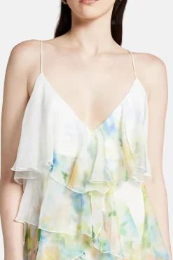 Dreamscape Frill Sleeveless Floral Midi Dress in White