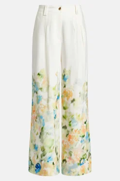 Dreamscape Pintucked Linen Floral Pants in White