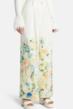 Dreamscape Pintucked Linen Floral Pants in White
