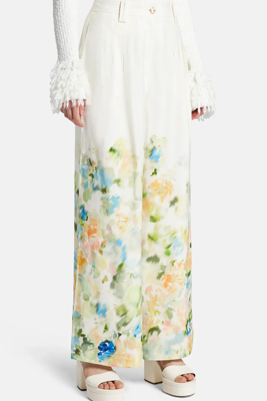 Dreamscape Pintucked Linen Floral Pants in White
