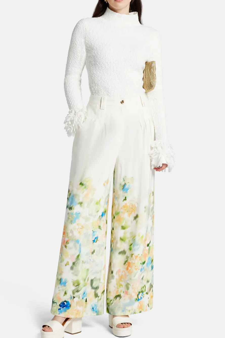 Dreamscape Pintucked Linen Floral Pants in White