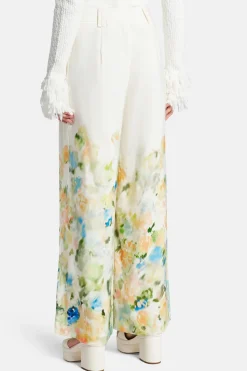 Dreamscape Pintucked Linen Floral Pants in White