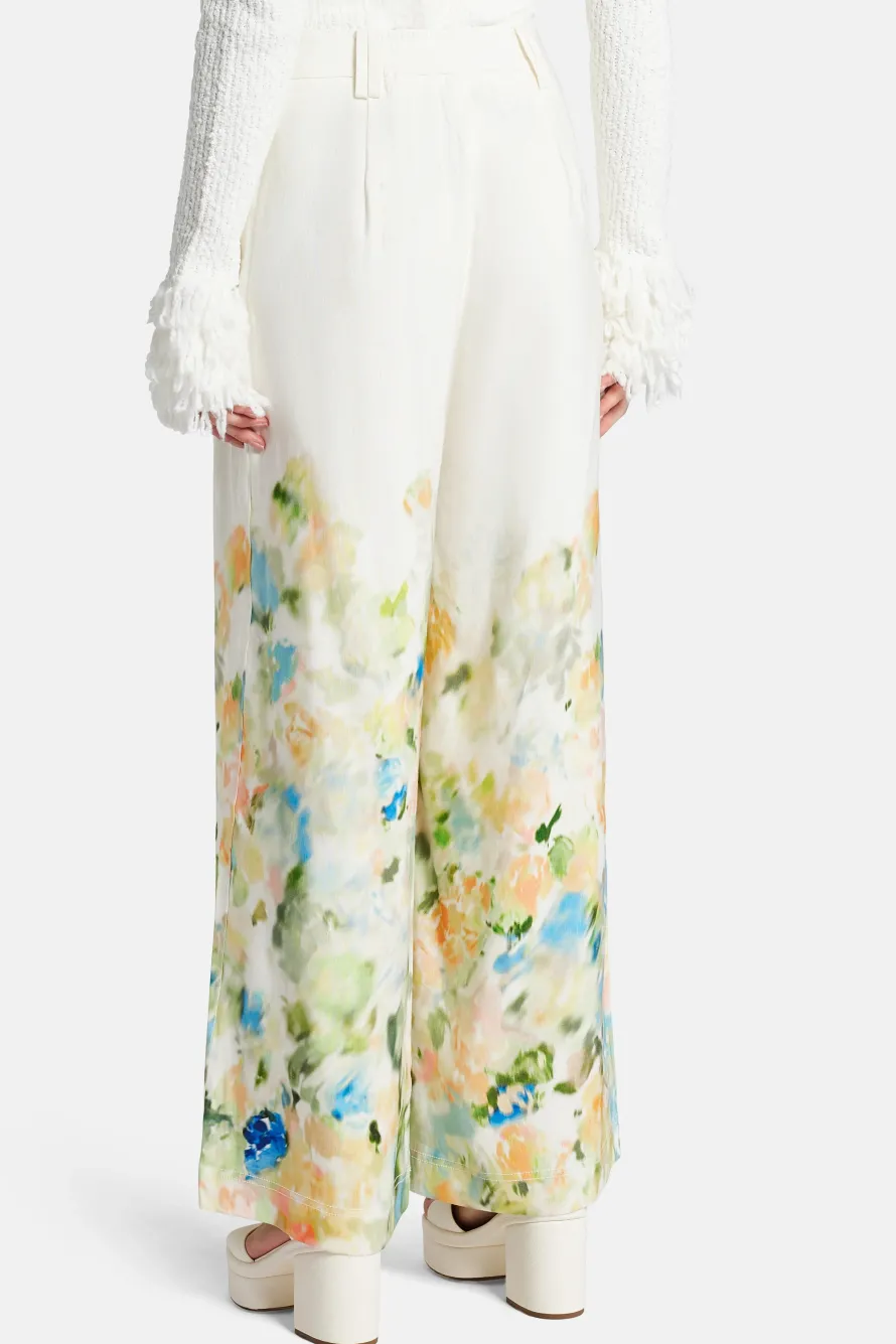 Dreamscape Pintucked Linen Floral Pants in White