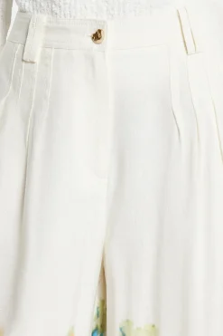 Dreamscape Pintucked Linen Floral Pants in White