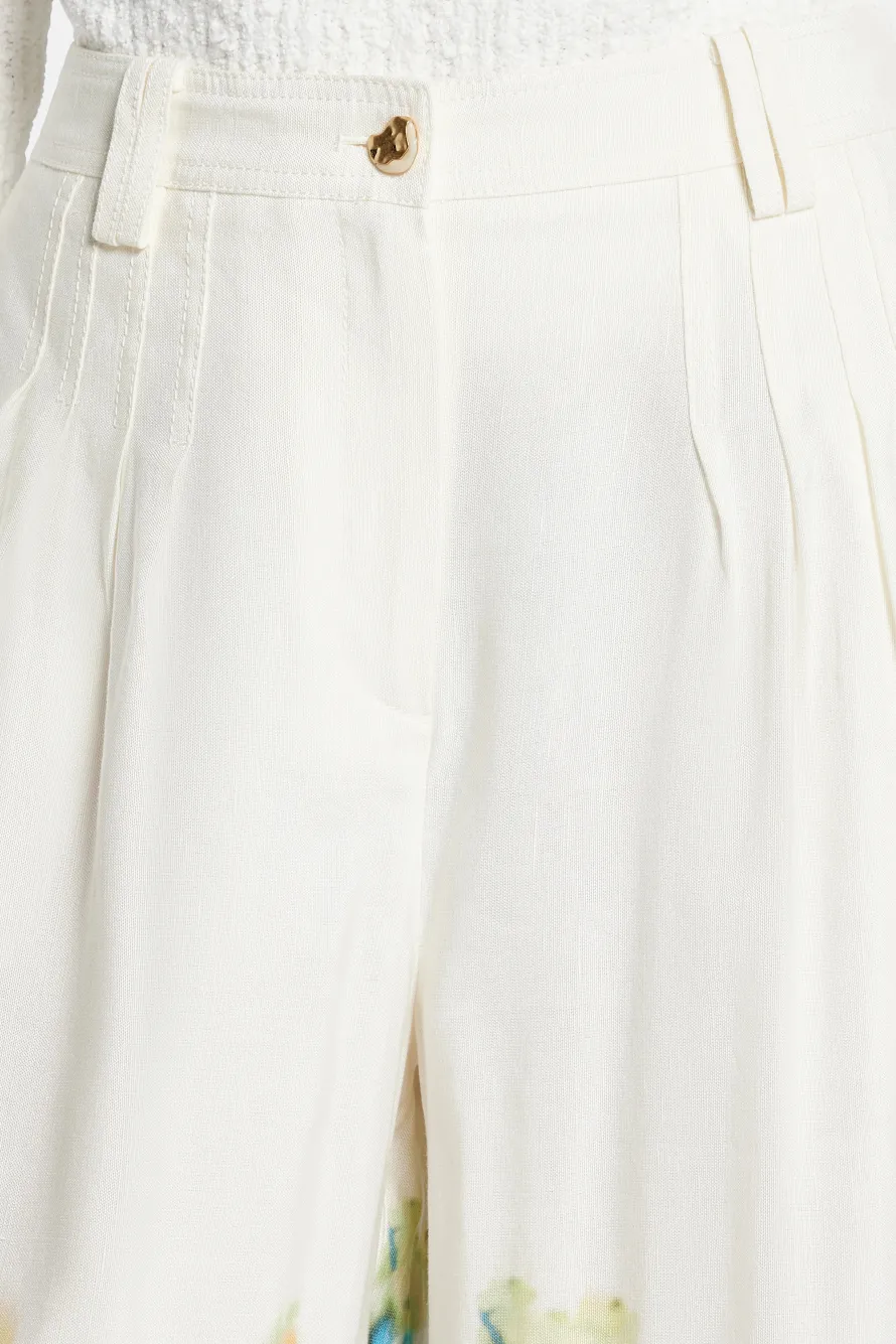 Dreamscape Pintucked Linen Floral Pants in White