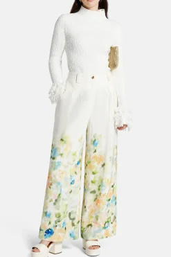 Dreamscape Pintucked Linen Floral Pants in White