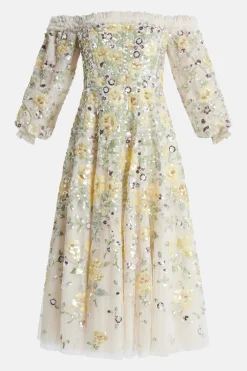 Elina Rose Off Shoulder Ballerina Floral Sequin Midi Dress in Cream