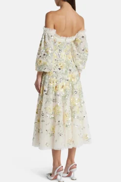 Elina Rose Off Shoulder Ballerina Floral Sequin Midi Dress in Cream