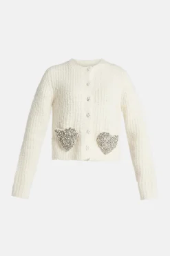 Embellished Boucle Leocadia Knit Cardigan in Cream/ Silver