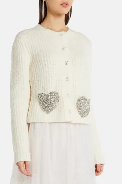 Embellished Boucle Leocadia Knit Cardigan in Cream/ Silver