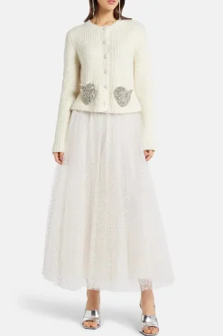 Embellished Boucle Leocadia Knit Cardigan in Cream/ Silver
