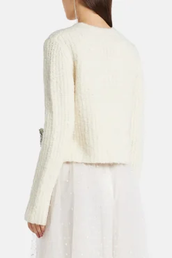 Embellished Boucle Leocadia Knit Cardigan in Cream/ Silver