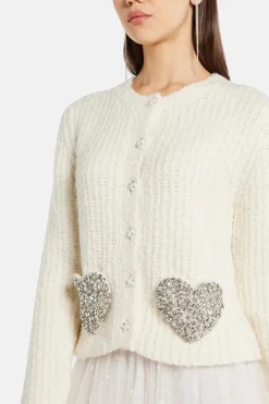 Embellished Boucle Leocadia Knit Cardigan in Cream/ Silver
