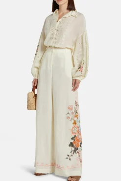 Embroidered Wide Leg Waisted Pants