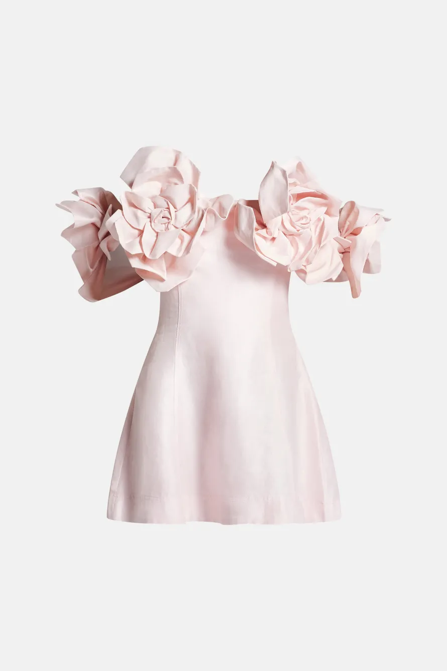 Etta Floral Off Shoulder Linen Mini Dress in Pink