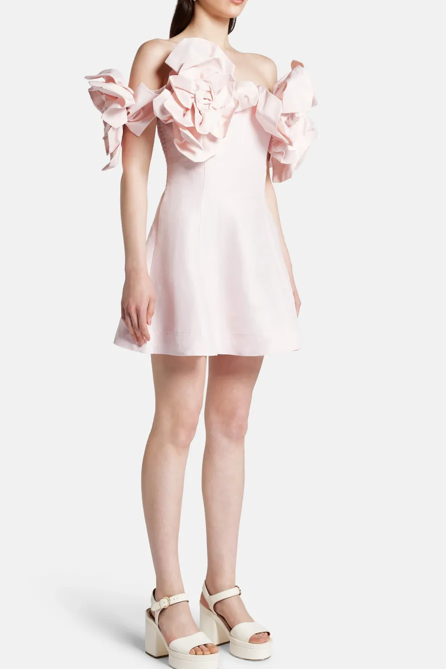 Etta Floral Off Shoulder Linen Mini Dress in Pink