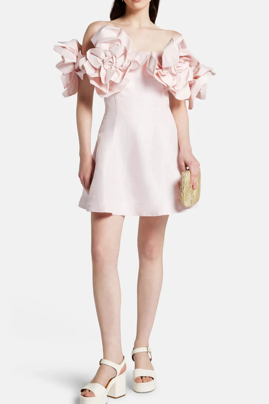 Etta Floral Off Shoulder Linen Mini Dress in Pink