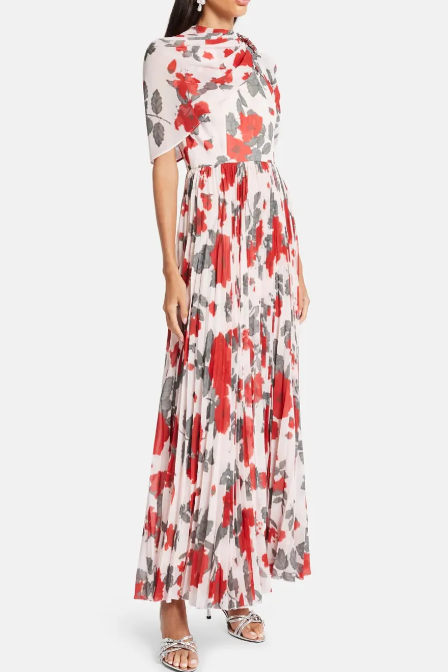Floral Pleated Cape Maxi Dress