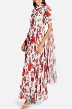 Floral Pleated Cape Maxi Dress