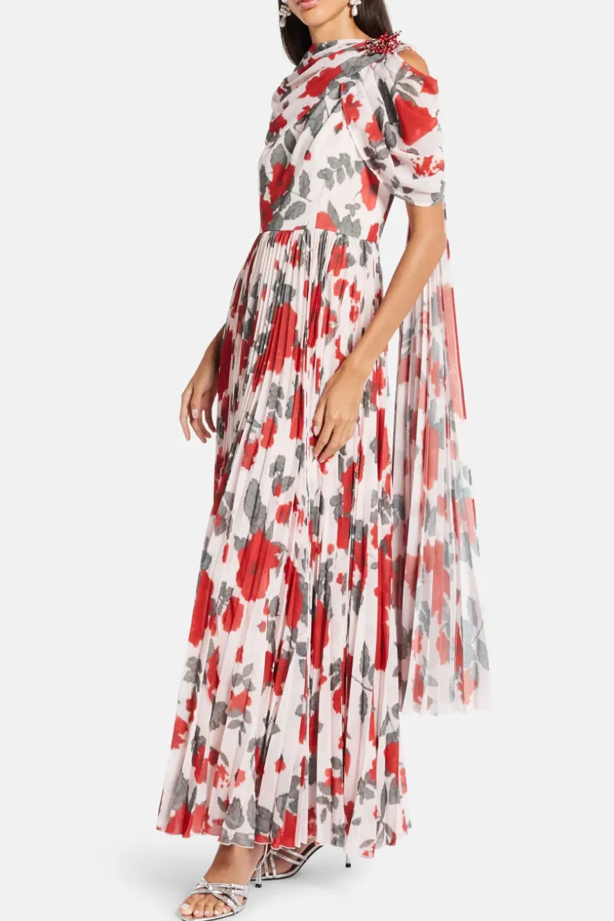 Floral Pleated Cape Maxi Dress