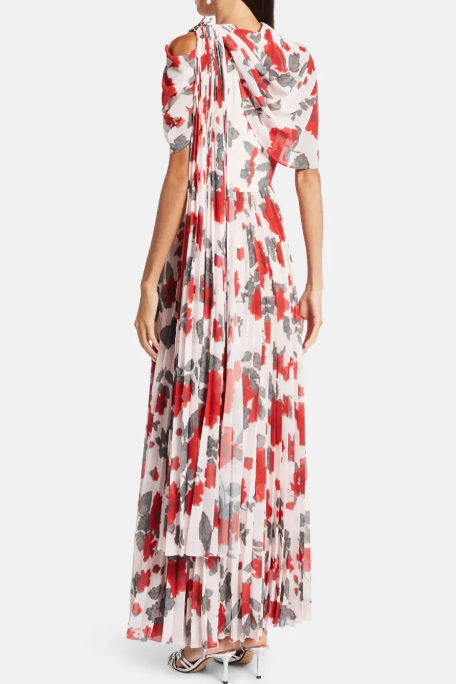 Floral Pleated Cape Maxi Dress