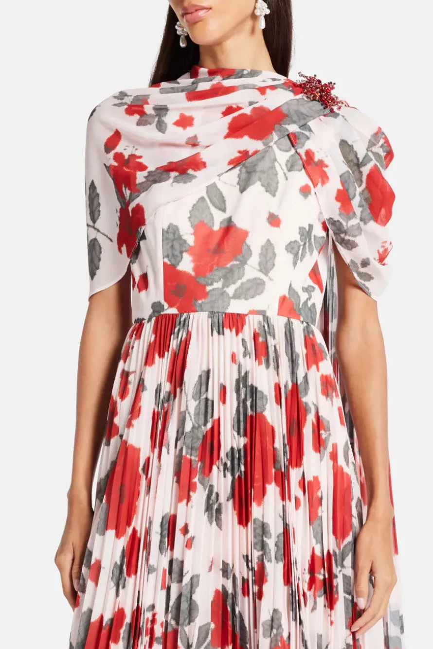 Floral Pleated Cape Maxi Dress