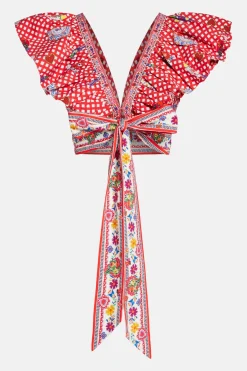 Floral Ruffle V Neck Wrap Cotton Top in Red