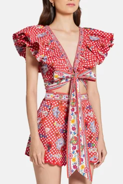 Floral Ruffle V Neck Wrap Cotton Top in Red