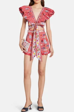 Floral Ruffle V Neck Wrap Cotton Top in Red
