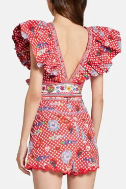 Floral Ruffle V Neck Wrap Cotton Top in Red