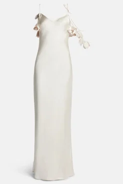 Floral Satin Sleeveless Evening Dress in Beige