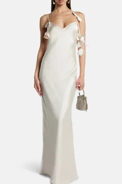 Floral Satin Sleeveless Evening Dress in Beige