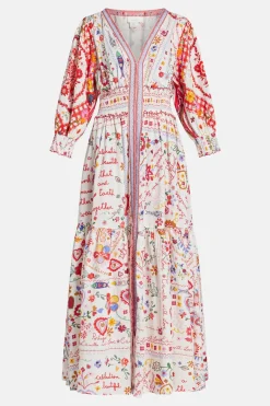 Floral Shirred Waistband Linen Maxi Dress in Red and White