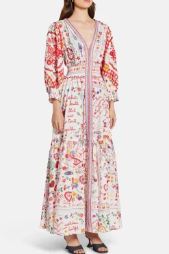 Floral Shirred Waistband Linen Maxi Dress in Red and White
