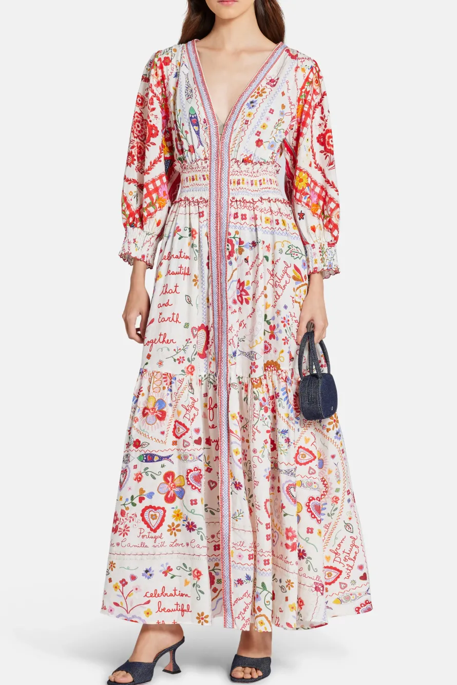 Floral Shirred Waistband Linen Maxi Dress in Red and White