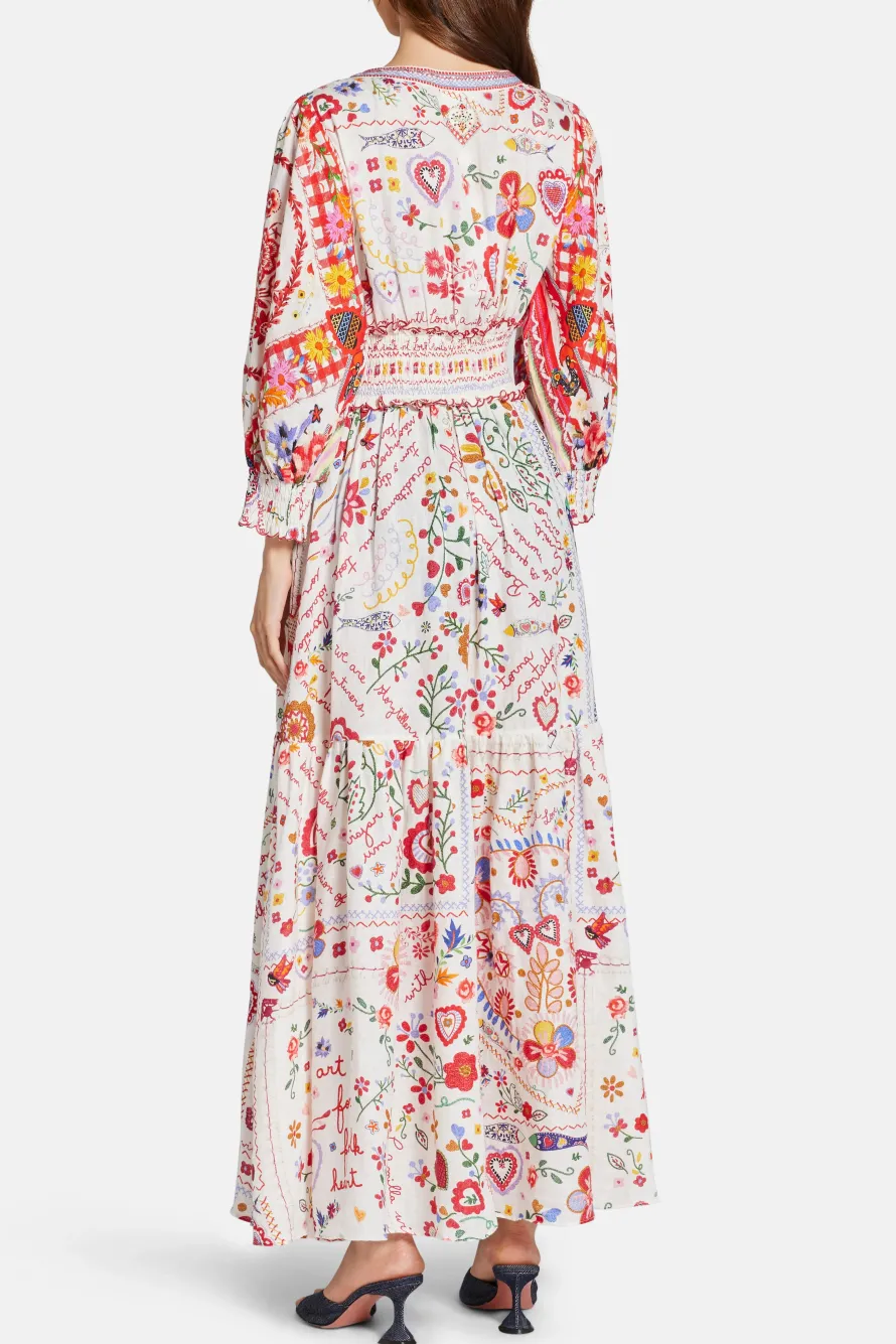 Floral Shirred Waistband Linen Maxi Dress in Red and White