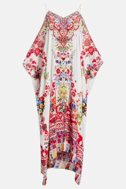 Floral Shoestring Strap Silk Kaftan in Red and White