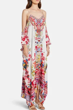 Floral Shoestring Strap Silk Kaftan in Red and White