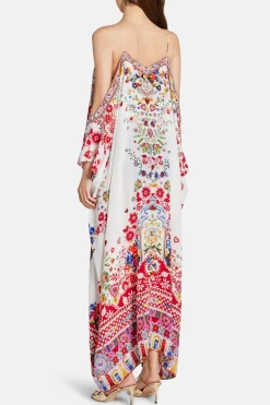 Floral Shoestring Strap Silk Kaftan in Red and White