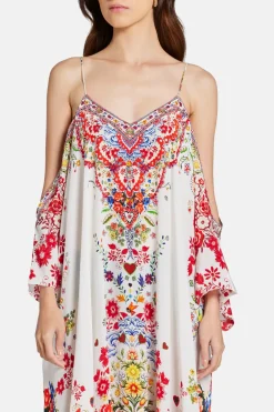 Floral Shoestring Strap Silk Kaftan in Red and White