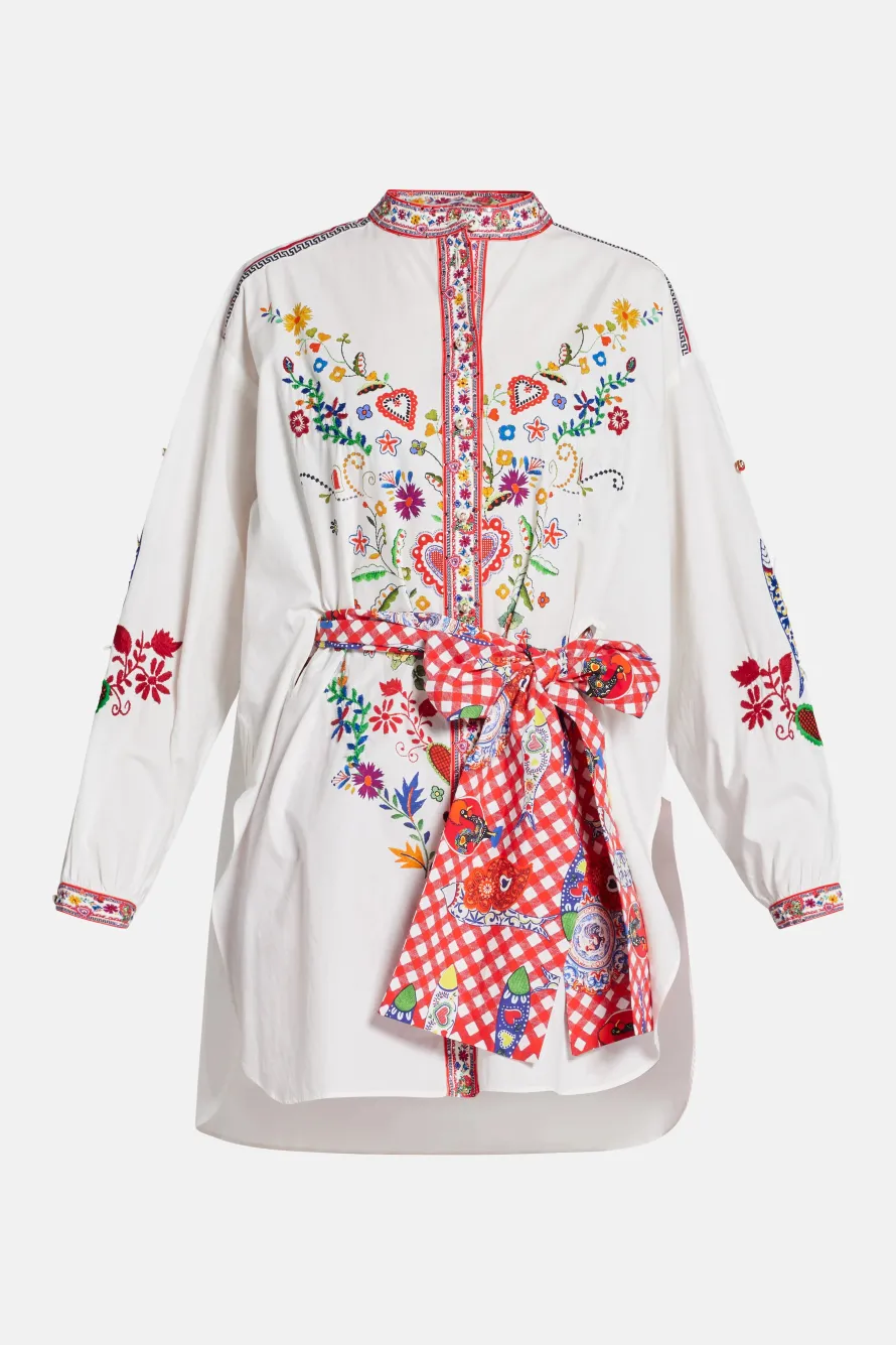 Floral Waist Tie Button Through Cotton Shirt in Red and White