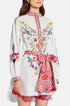 Floral Waist Tie Button Through Cotton Shirt in Red and White