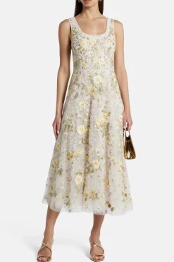 Florine Sleeveless Ballerina Floral Midi Dress in Cream