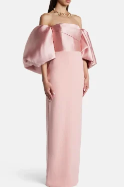 Floris Off Shoulder Puff Sleeve Evening Dress in Pink