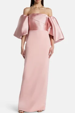 Floris Off Shoulder Puff Sleeve Evening Dress in Pink
