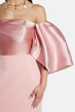Floris Off Shoulder Puff Sleeve Evening Dress in Pink