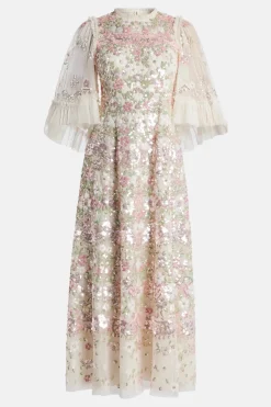 Garden Delight Gloss Sequin Midi Dress in Cream and Pink