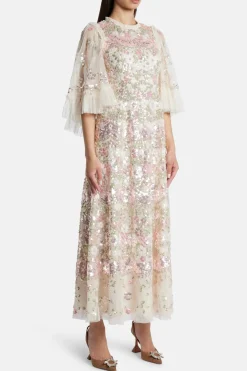 Garden Delight Gloss Sequin Midi Dress in Cream and Pink