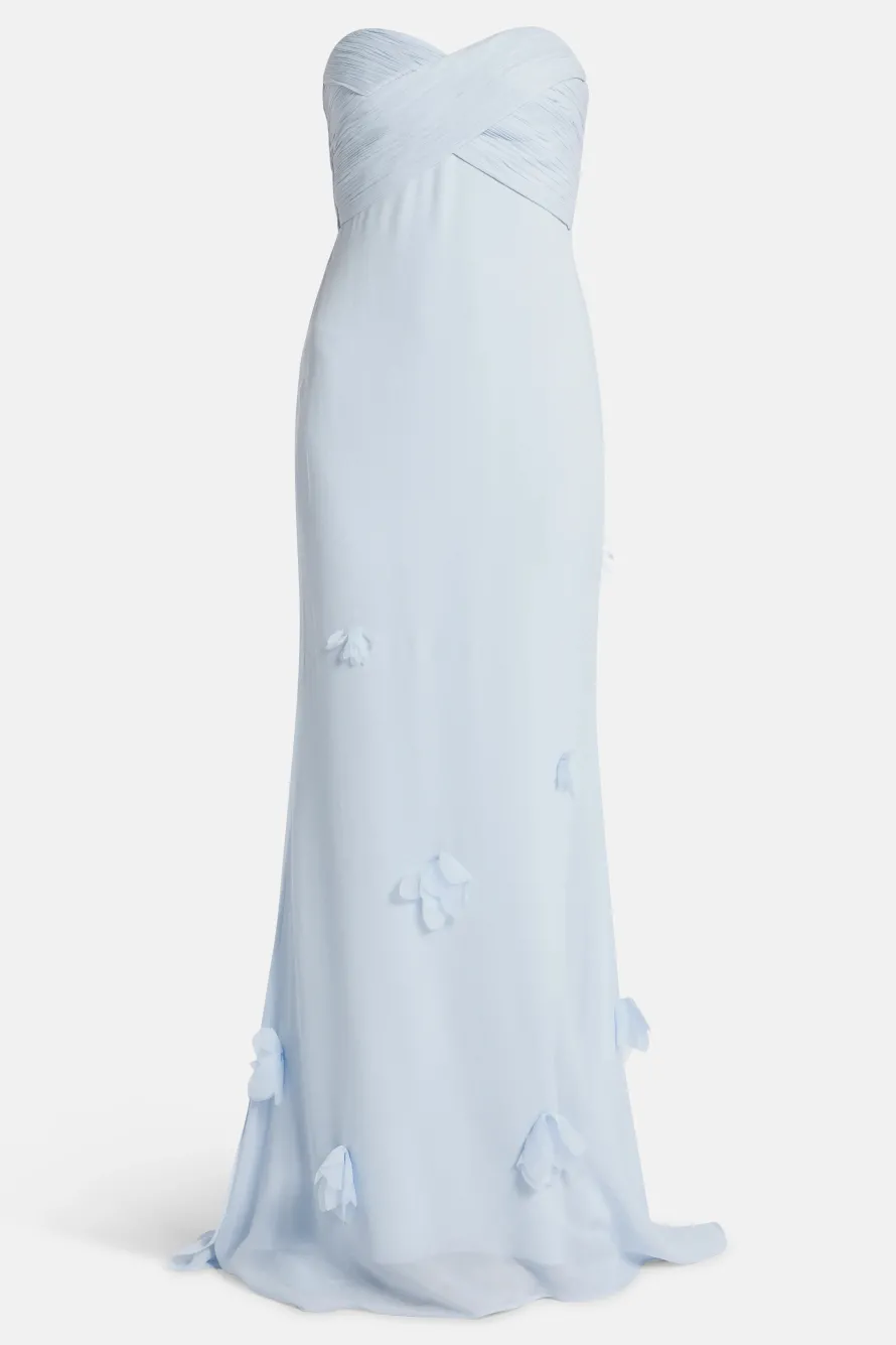 Georgette Floral Strapless Evening Dress With Scarf in Blue