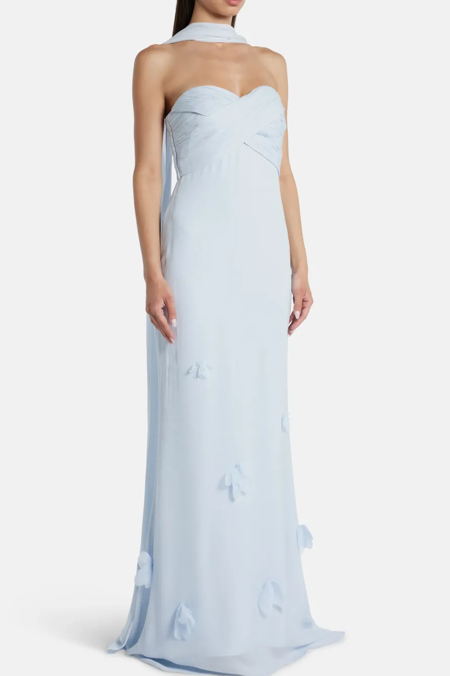 Georgette Floral Strapless Evening Dress With Scarf in Blue